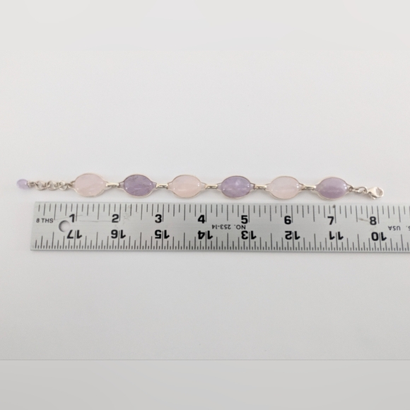 Vintage '90s Amethyst & Rose Quartz Cabochon Linked Sterling Silver Bracelet - Picture 12 of 15